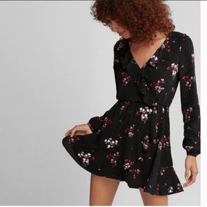 Express Black Floral Ruffle Wrap Front Dress